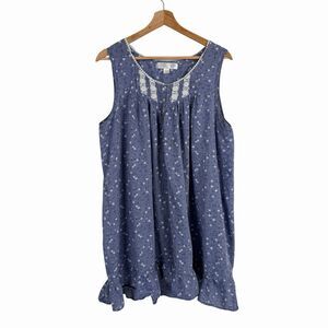 Eileen West Cotton Night Gown L Blue Floral Cottagecore Coquette Victorian Boho